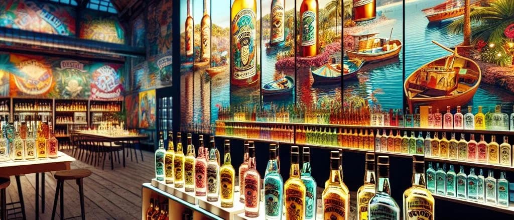 Variety of premium Jamaican rum bottles with tropical backgrounds and distinct packaging designs
