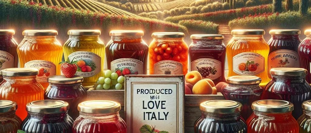 Various jars of gourmet jams with different fruit flavors against a rustic wooden background