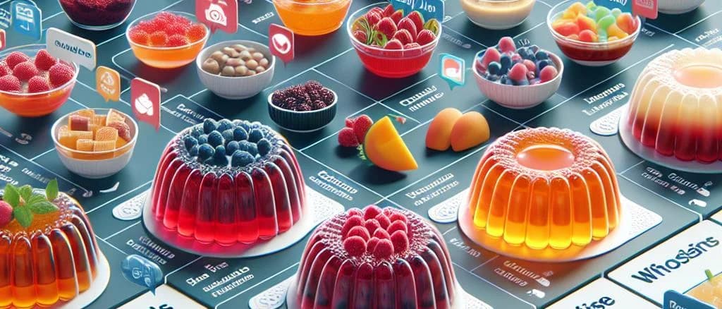 assorted jelly desserts with various packaging options on a plain background