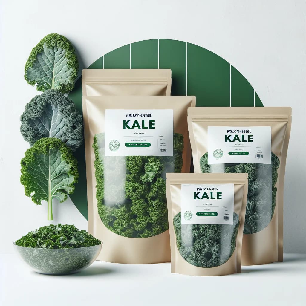 packaging variations of fresh kale, including whole leaves, chopped, and bagged options for wholesale and private label sourcing