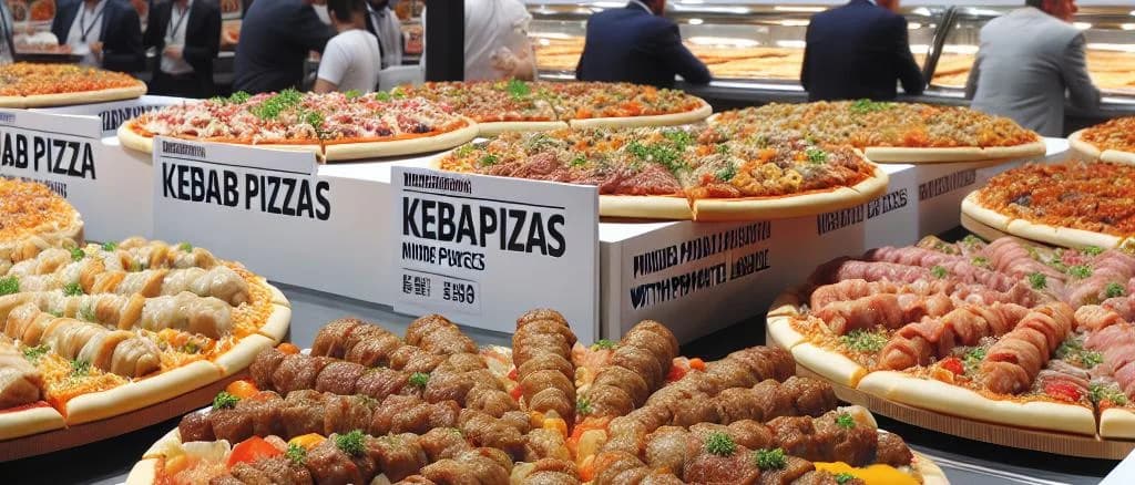 Assortment of kebab pizzas with various toppings on a rustic wooden table