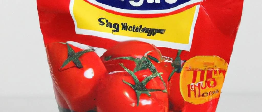 Ketchup crisps in assorted packaging on a wooden background