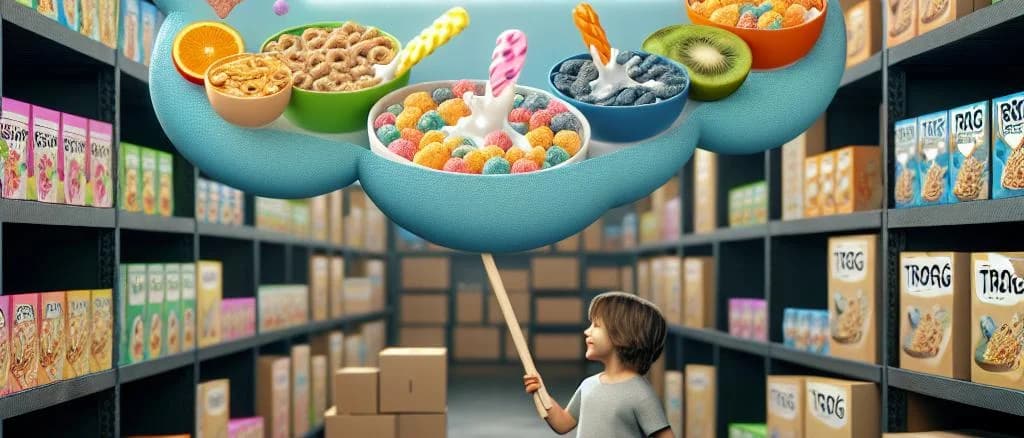 Various Kids Cereals with colorful packaging on wooden table