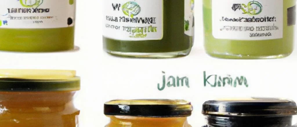 Various kiwi jam jars with different packaging on a wooden kitchen counter