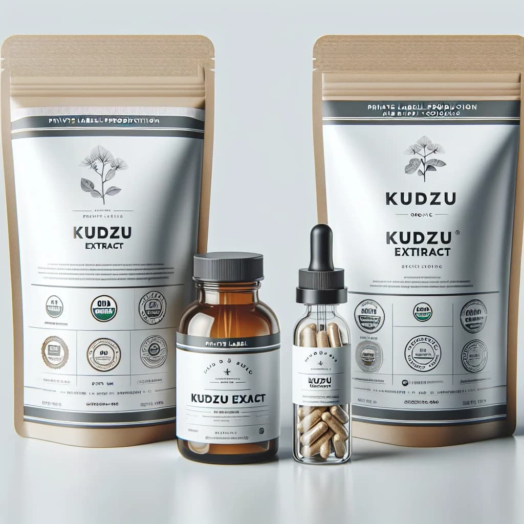 sleek packaging of kudzu extract in various formats like powders, capsules, and tinctures against a clean, minimalistic background