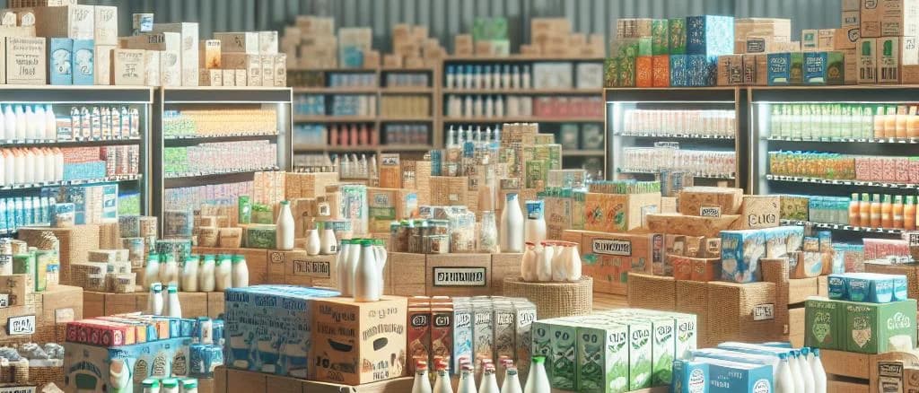 lactose-free milk cartons with varied packaging in a commercial setting