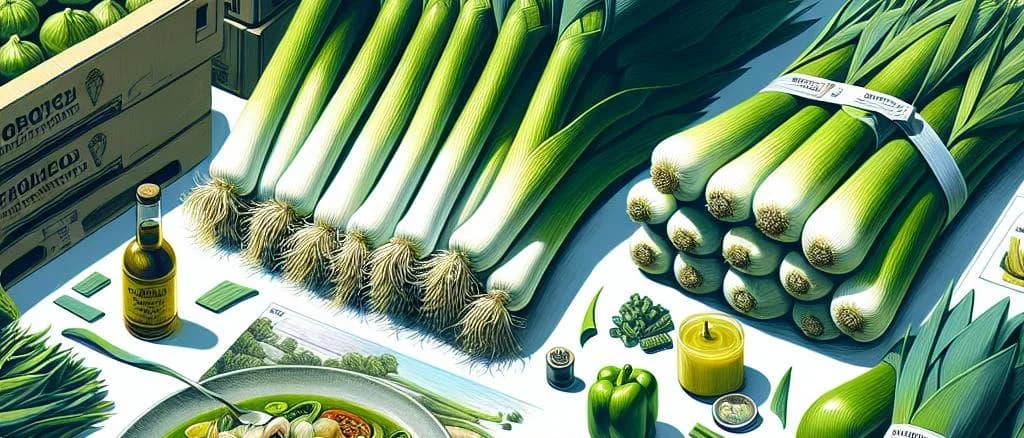 Variations of leeks on a countertop with different packaging options