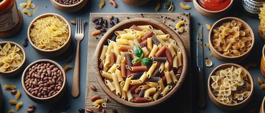 diverse legume pasta shapes against a rustic wooden background