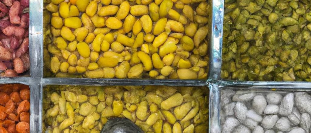 Various jars of legume pickles with colorful labels on a wooden shelf