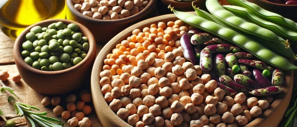 Assorted legume varieties with packaging options on rustic background