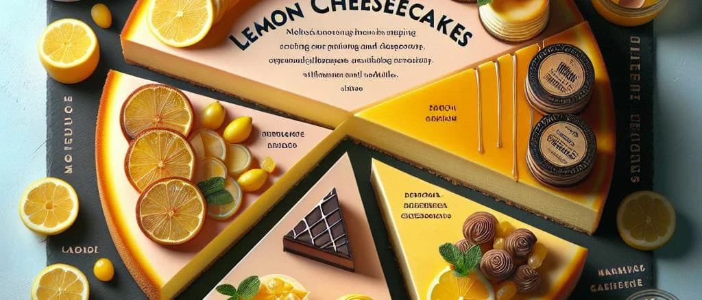Lemon cheesecakes in various packaging with vibrant backgrounds