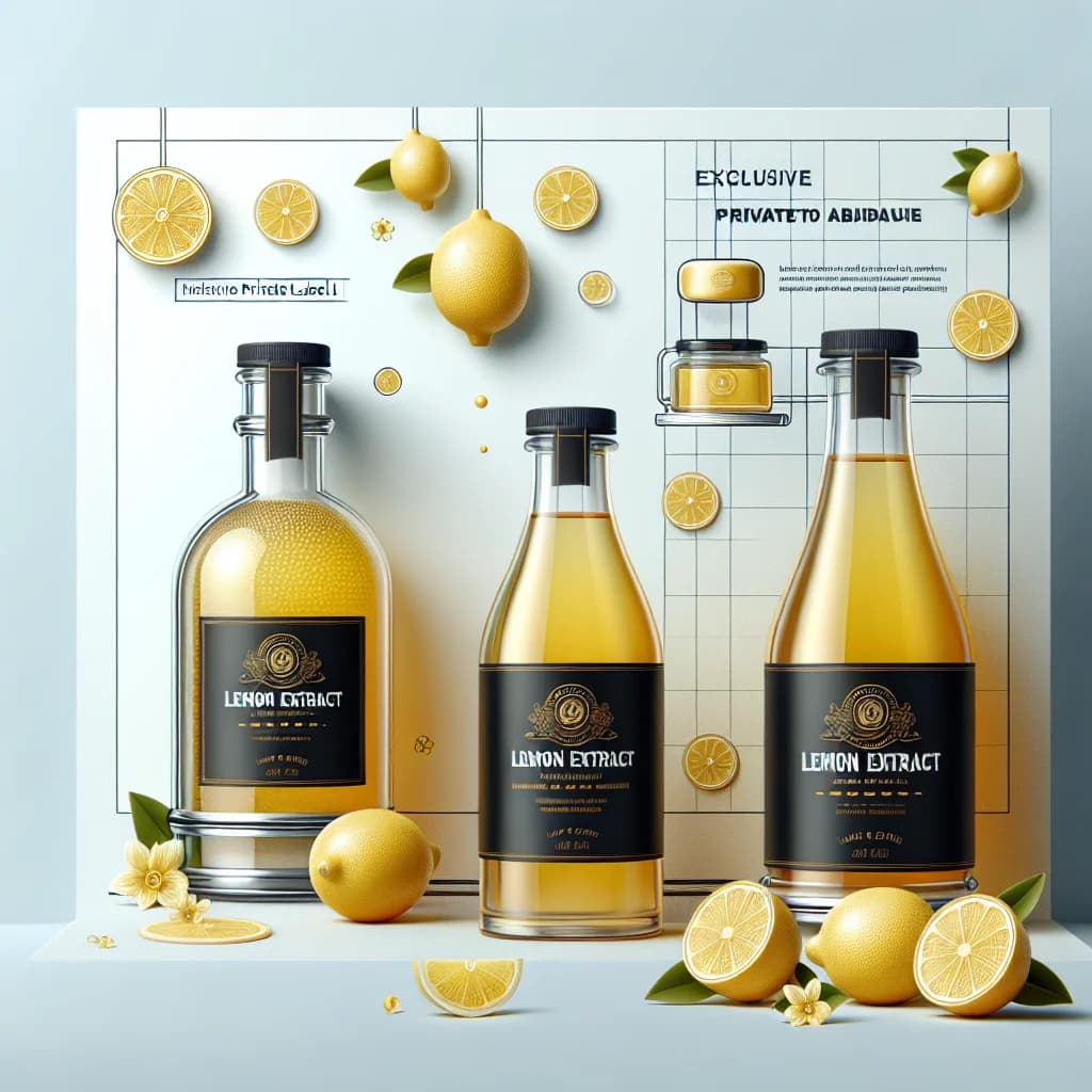 lemon extract bottles in varied packaging for bulk and private label sourcing