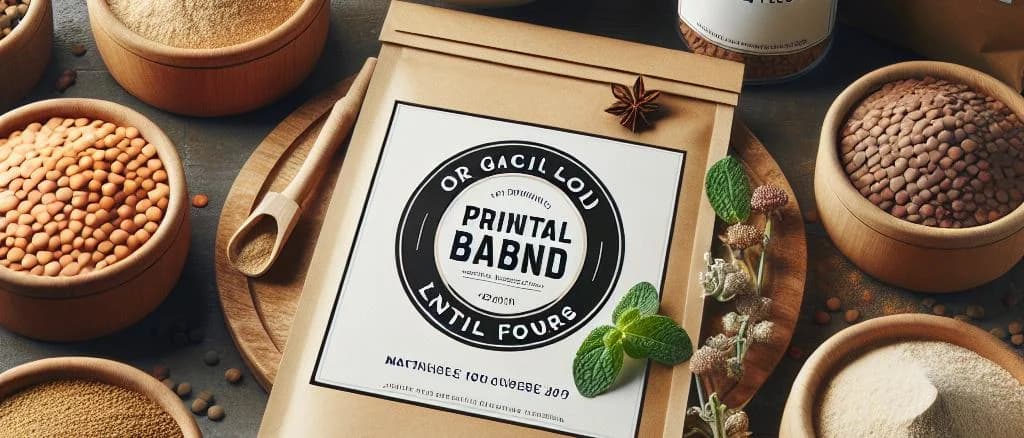 Assorted lentil flour packaging variations on a rustic wooden background