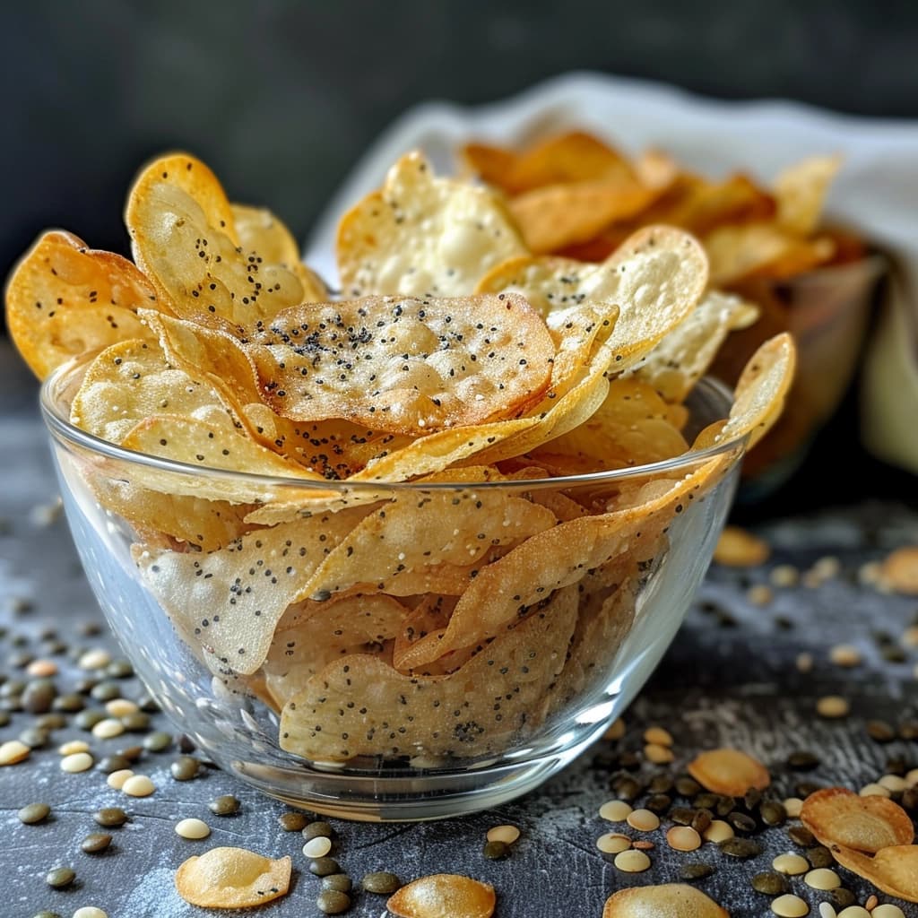 Assorted lentil chips in various packaging options against a natural, earthy backdrop