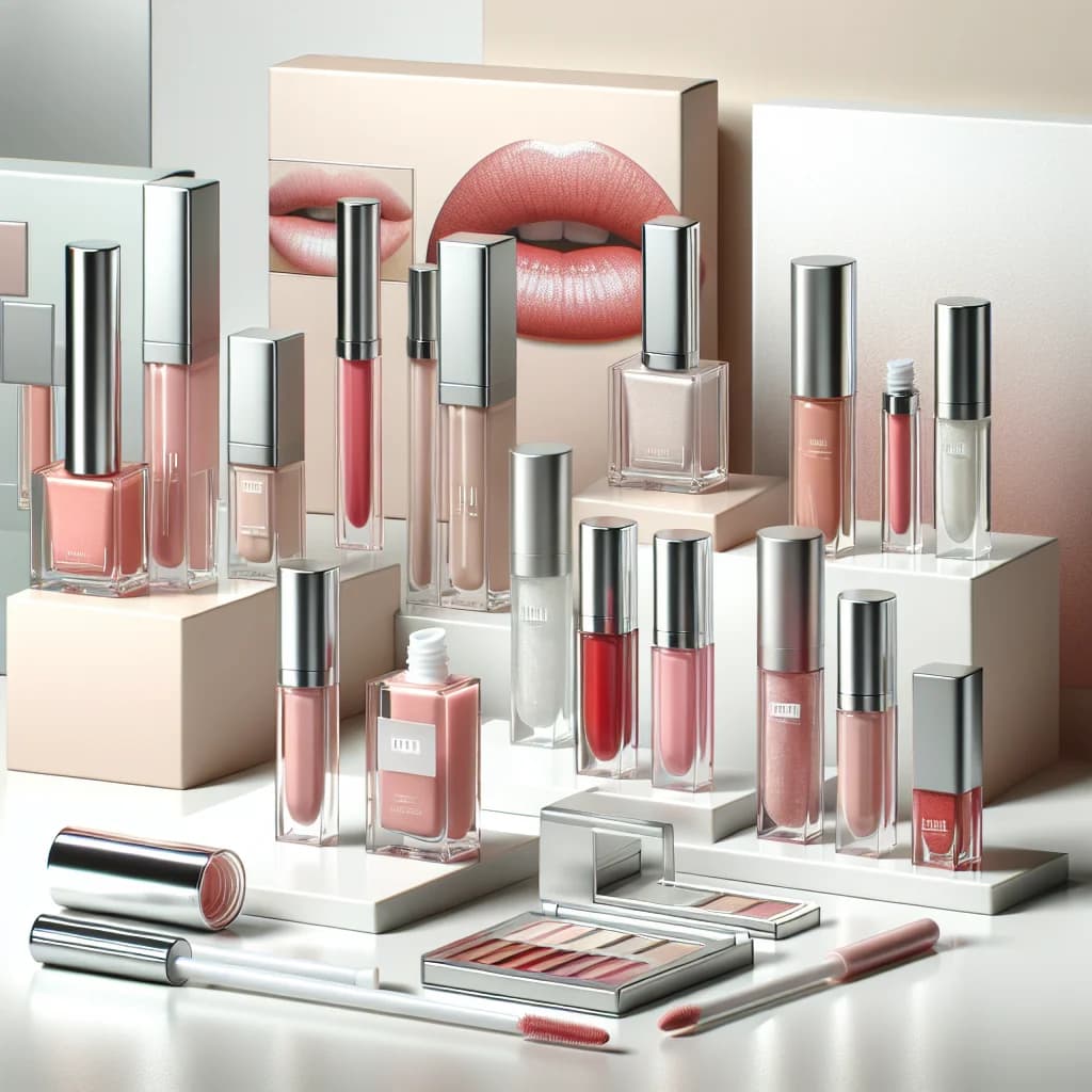 variety of lip gloss products in sleek packaging with vibrant shades on a clean background
