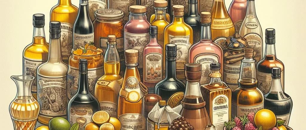 Assorted liqueur bottles on a decorative background with vibrant colors.
