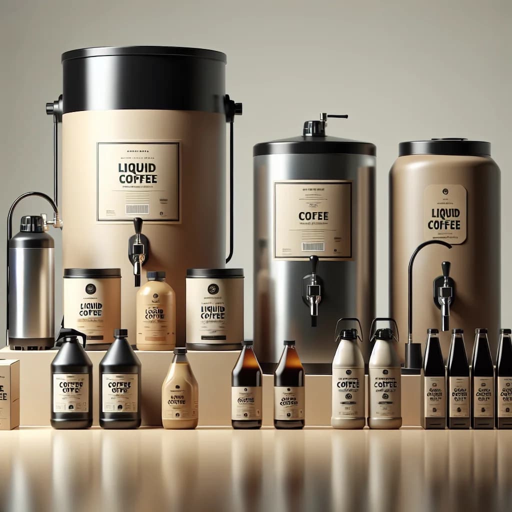 variety of liquid coffee product types in modern packaging on a clean background