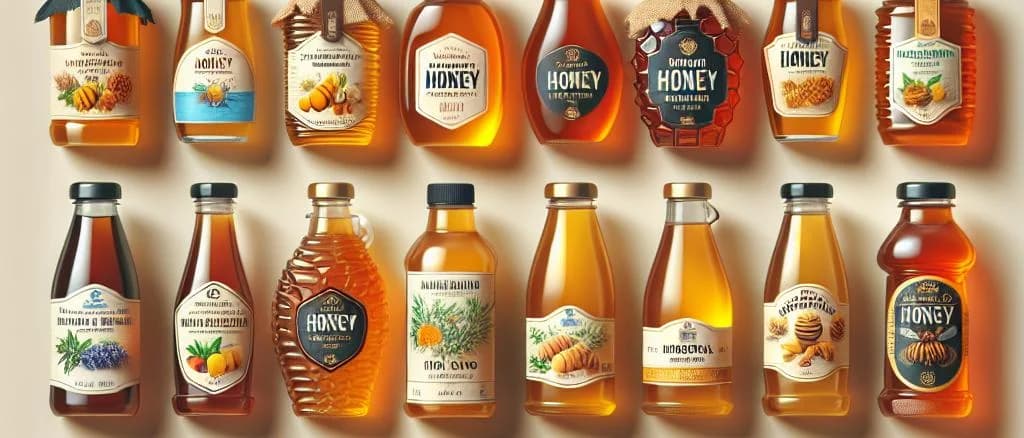 Various liquid honey products in glass and plastic jars on a rustic wooden background