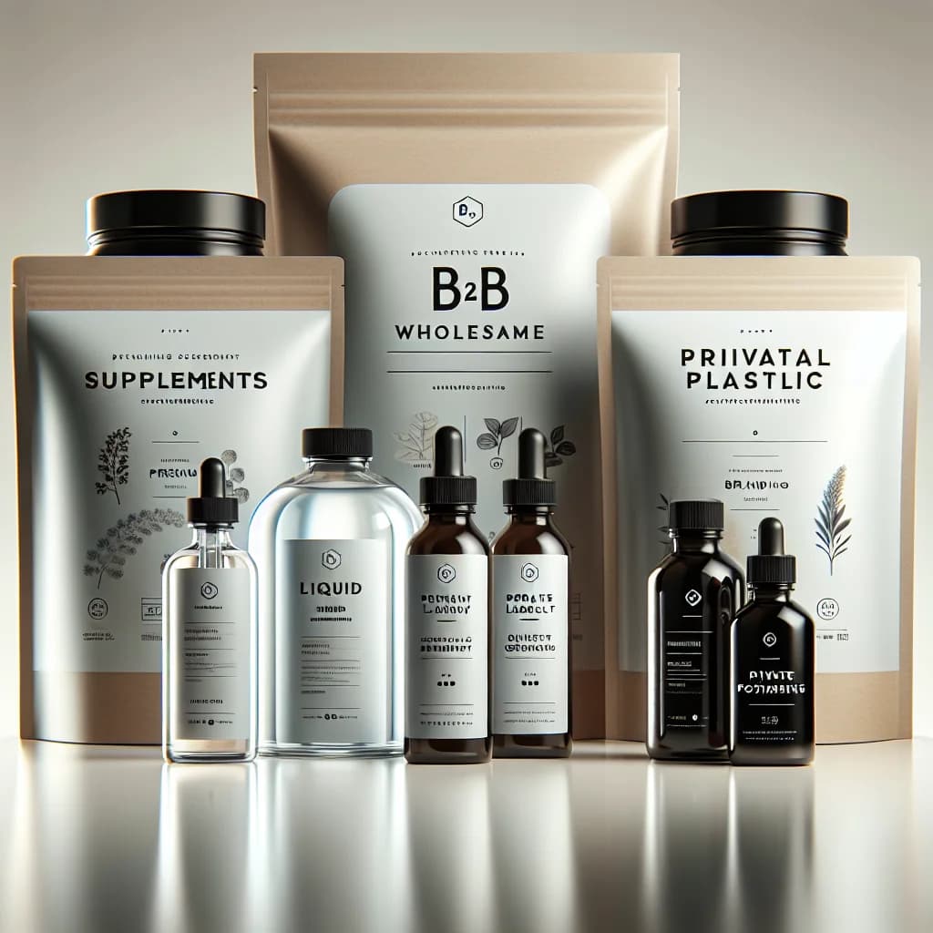 variety of liquid supplements in sleek, professional packaging on a clean, modern background for B2B buyers