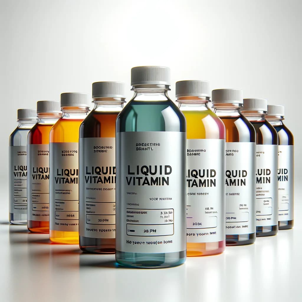 liquid vitamin bottles with professional packaging on a clean white background with customizable labels