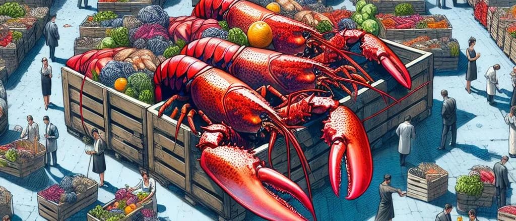 fresh lobsters showcased with varying sizes and shell colors on a wooden board