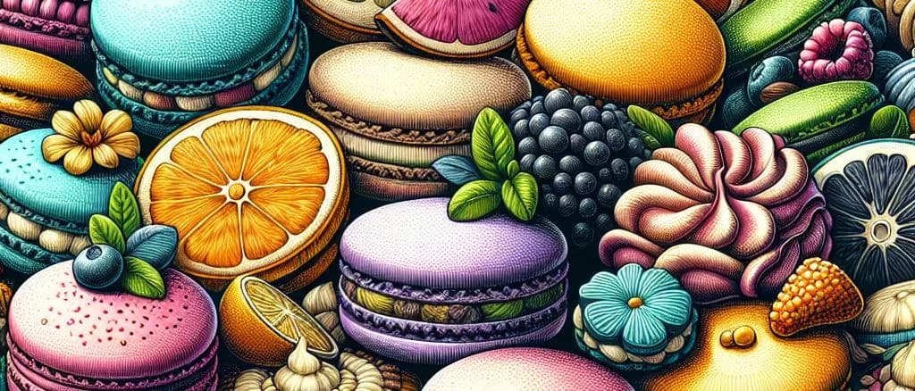 Assorted colorful macarons displayed on elegant dessert platters