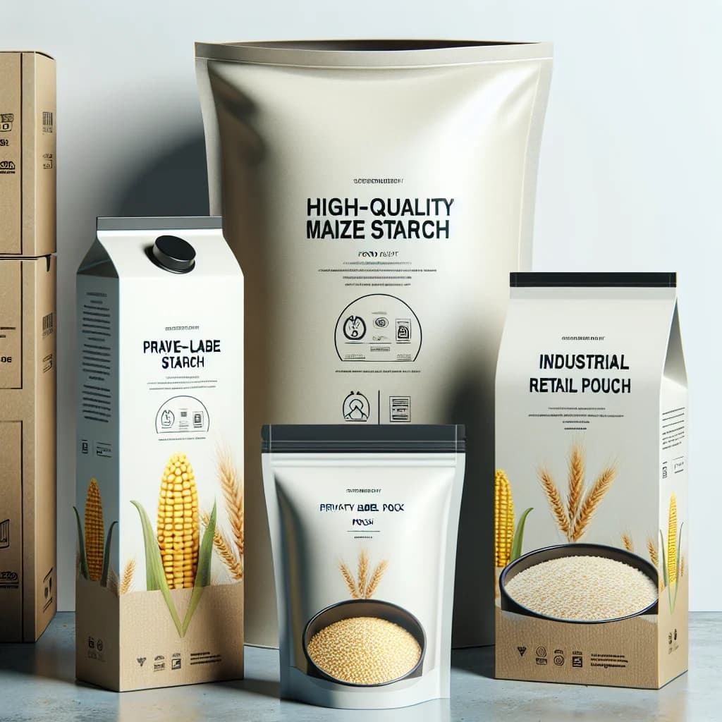 varieties of maize starch packaging on clean background