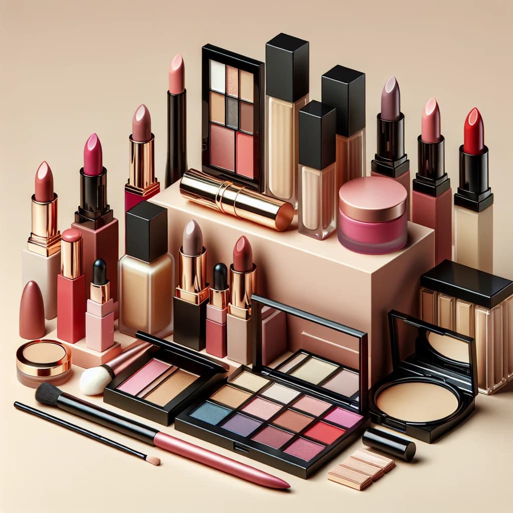 assorted makeup products including lipsticks, eyeshadow palettes, and foundation arranged with elegant packaging on a minimalistic background, ideal for wholesale and private label sourcing