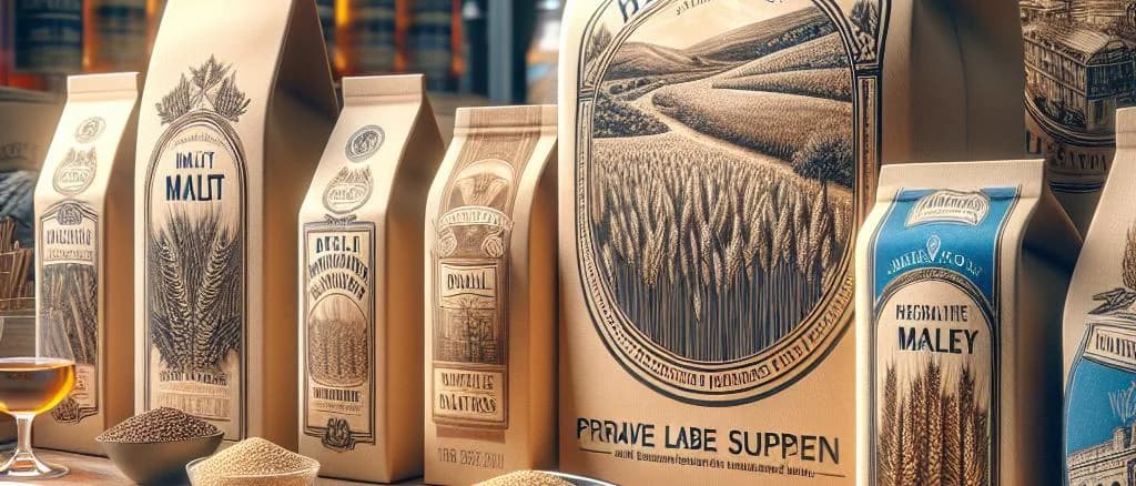 Premium malt in various packaging with rustic background