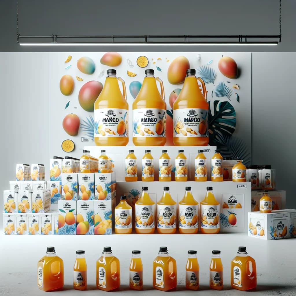 varieties of mango syrups in bulk packaging with vibrant designs on a white background