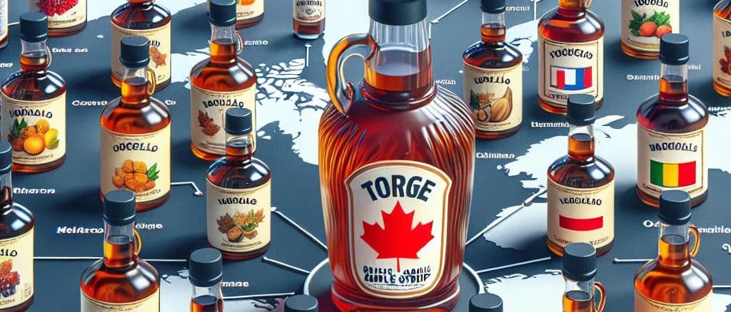 Assorted bottles of maple syrup with forest background