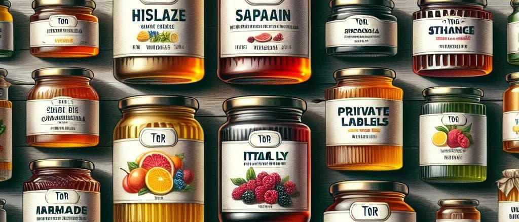 Assorted marmalade jars with vibrant fruit backgrounds