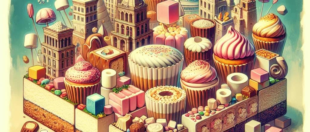 multiple marshmallow cakes on wooden table with different packaging