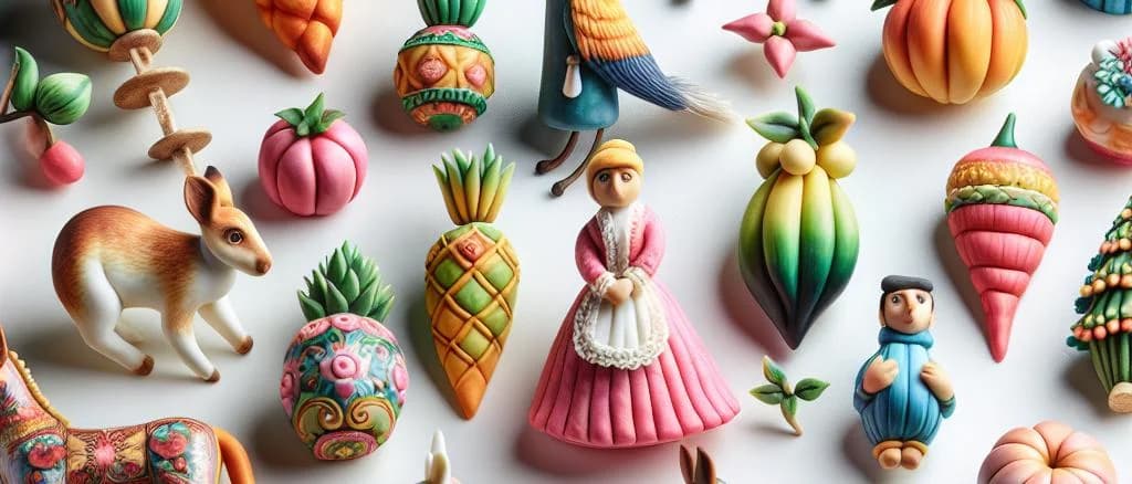 assorted marzipan figures in various shapes and colors on a decorative platter