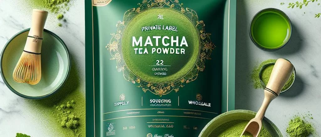 Various matcha powder packages on a wooden table with a green tea plant in the background