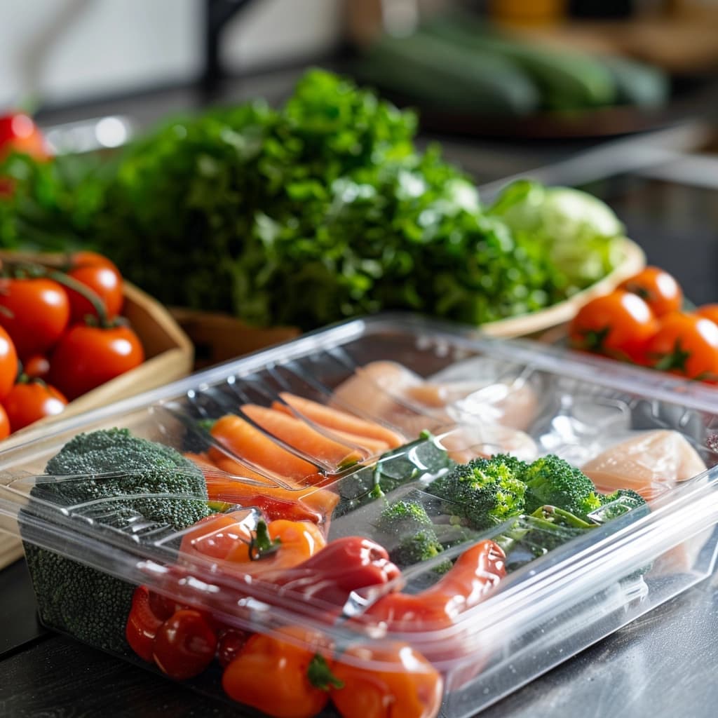 Assorted gourmet meal kits in eco-friendly packaging on a rustic wooden table