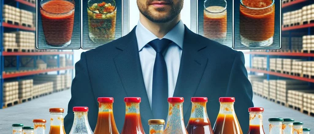 Various meat-based sauces in stylish packaging with different textures and colors on a wooden kitchen background.