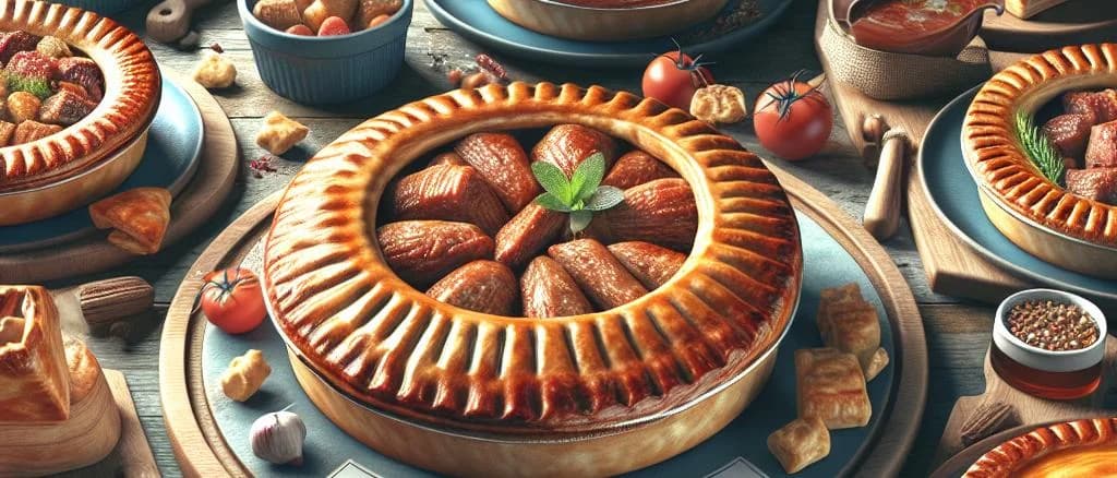 Assorted meat pies with packaging variations in a bakery setting