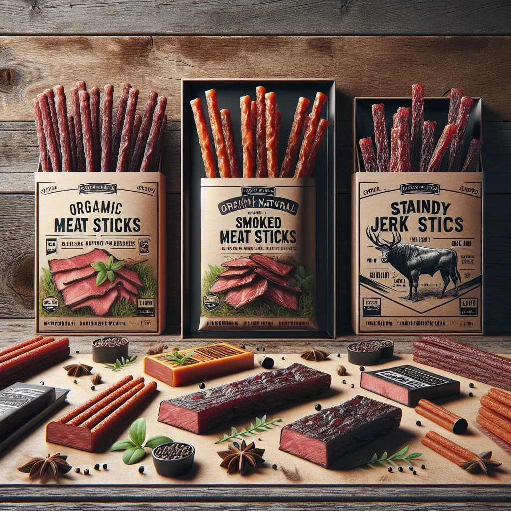premium meat sticks with packaging variations on a rustic wooden background