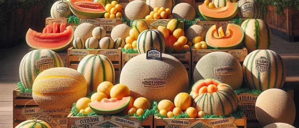 Various types of melons on a simple background showcasing different sizes and colors