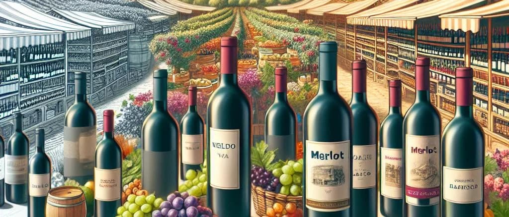 Variety of Merlot wine bottles with different labels on wooden background