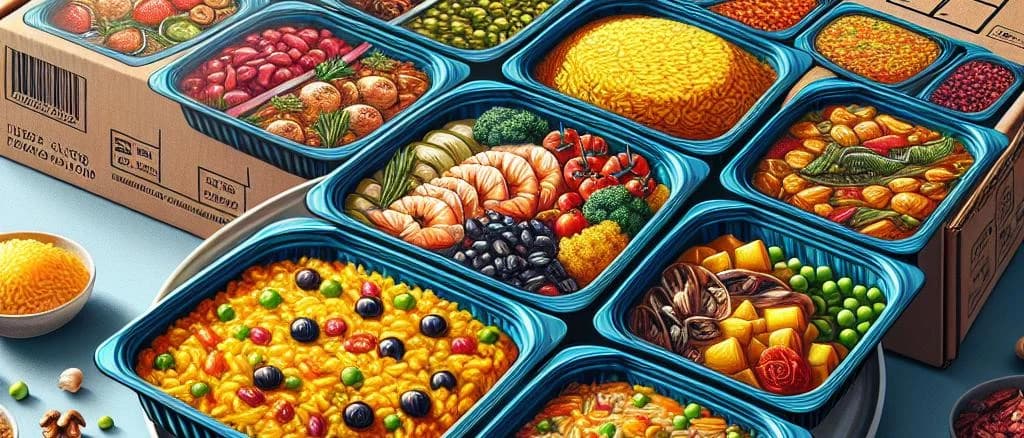 A variety of microwave meals in different packaging styles with vibrant backgrounds