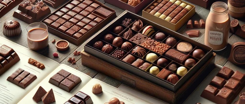 milk chocolates with various packaging options on wooden background