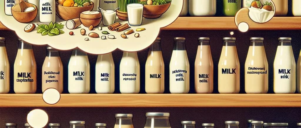Assorted milk substitute products with varied packaging and diverse ingredient options
