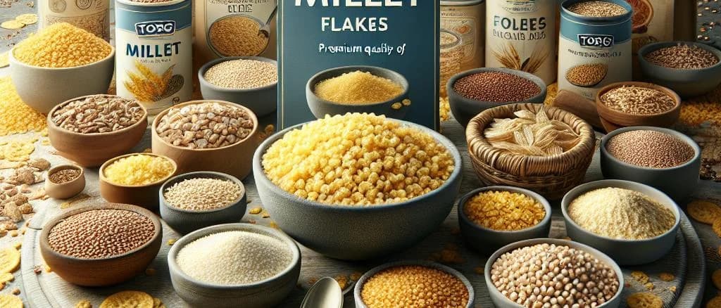 Various packaging of millet flakes with organic labels