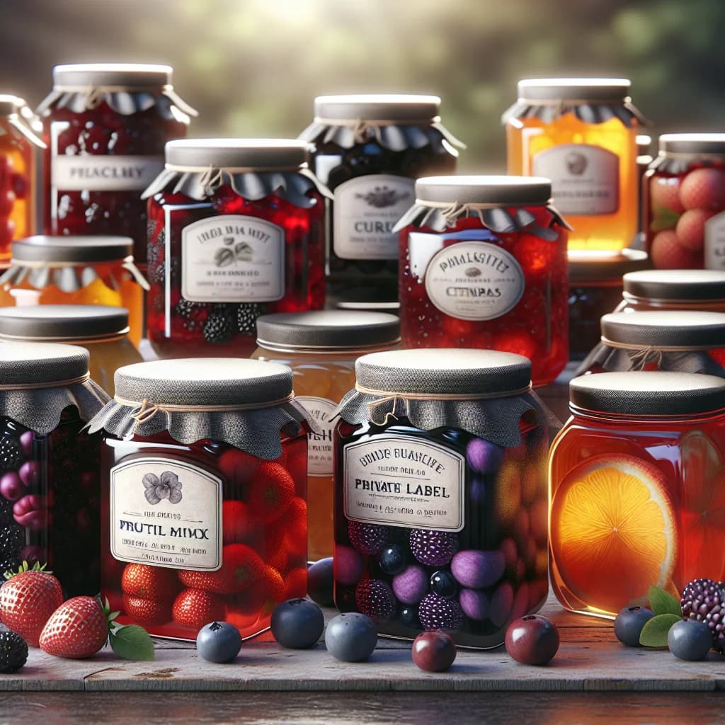 mixed preserves assortment in glass jars with vibrant fruit ingredients on a wooden kitchen counter
