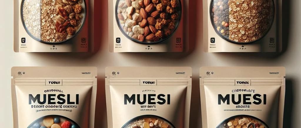 Various muesli packaging options on a rustic wooden background