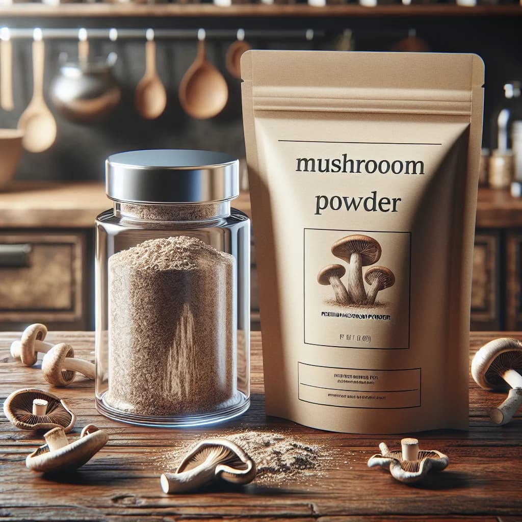 gourmet mushroom powder in eco-friendly packaging on a rustic wooden kitchen counter