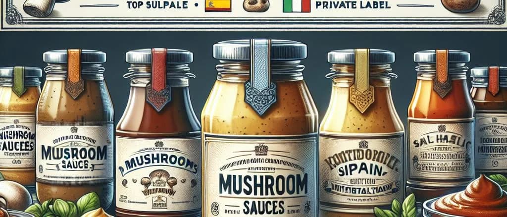 Variety of mushroom sauces in glass jars with different packaging styles