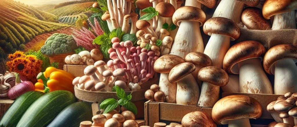 variety of packaged mushrooms on wooden background